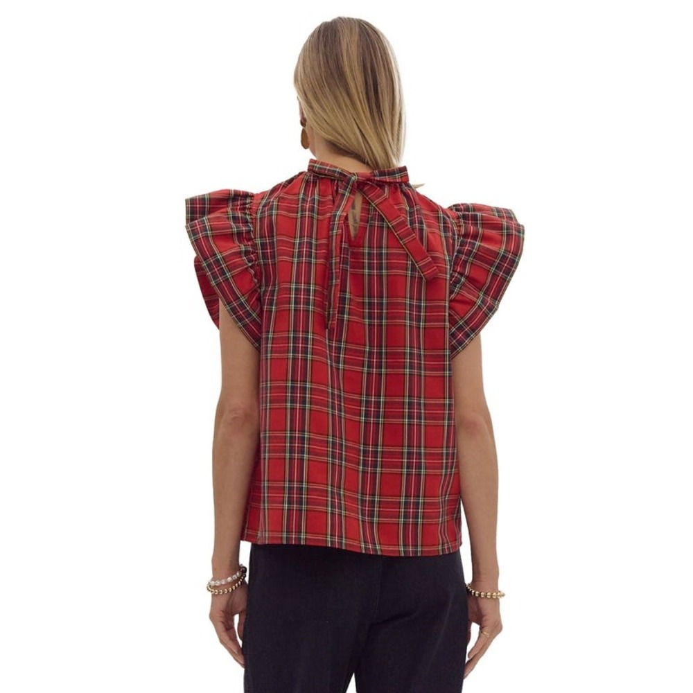 Entro Red Plaid Ruffle Sleeve Tie Back Blouse Medium Christmas Holiday Party Top